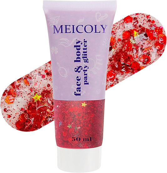 MEICOLY Red Face Body Glitter,Christmas Face Glitter Gel,Stocking Stuffers for Christmas,Sparkling Glitter Face Paint,Festival Rave Accessories Glitter Makeup,Mermaid Body Glitter Gel for Women Kids