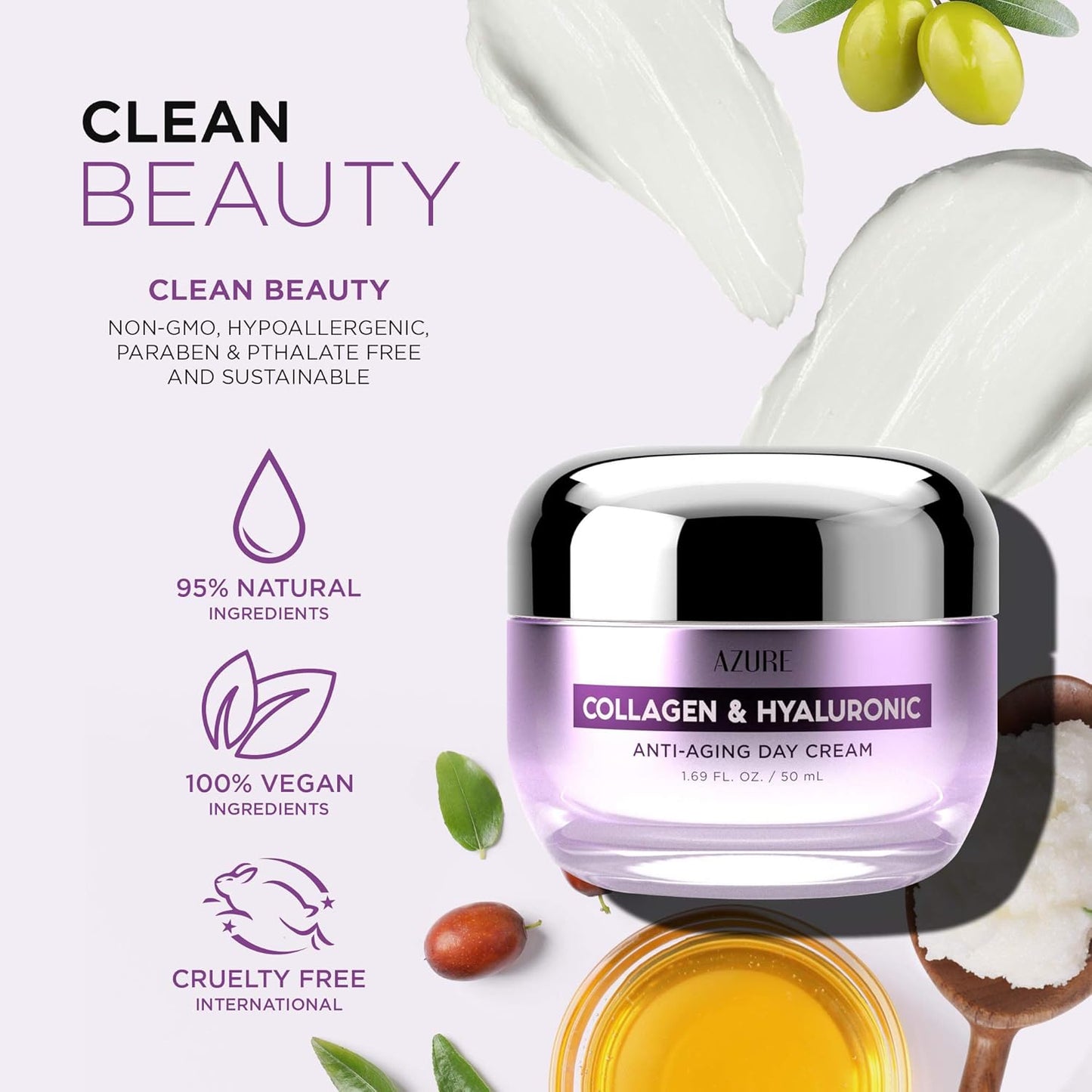 Azure Cosmetics Collagen & Hyaluronic Acid Face Moisturizer - Dermatologist Tested, Anti-Aging Cream for Fine Lines & Wrinkles - Ultra Hydrating Face Cream - Korean Skin Care - All Skin Type - 1.69 oz