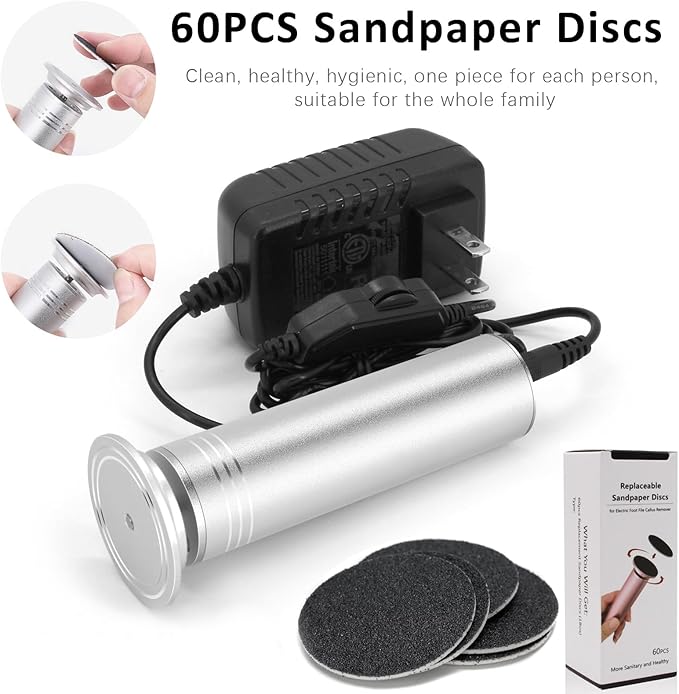 Upgraded Electric Foot Callus Remover 0-1200rpm, Professional Electric Pedicure Tools Foot Filer Sander for Dead Skin Cracked Heels, Adjustable Speed, 60 Replaceable Sandpaper Discs, FCR-2 Silver