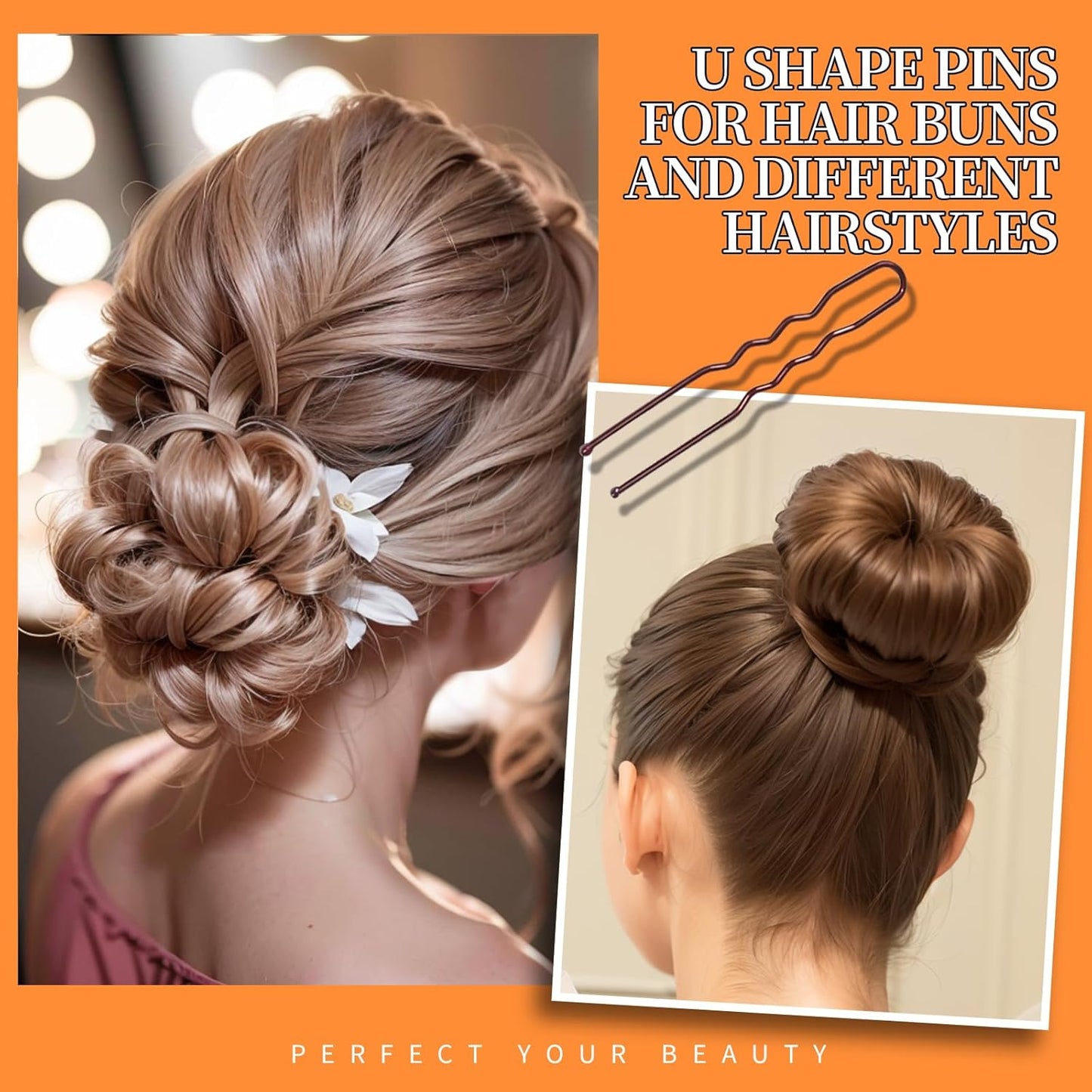 Teenitor 300pcs Bobby Pins Hair Pins Kit, 100 Hair Pin for Women 100 Bobby Pins Brown and 100 Hair Bands, Hair Pins for Buns 2inch 2.36inch 2.75inch