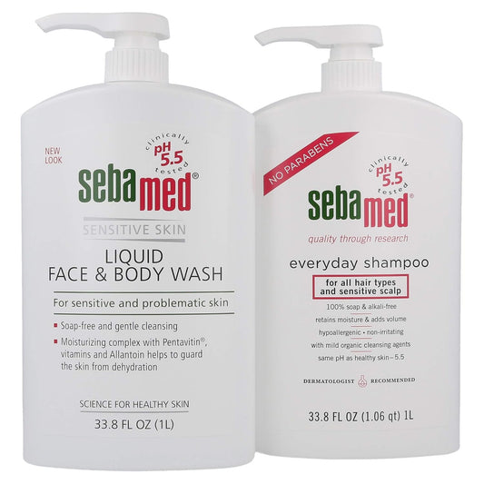 Sebamed Everyday Shampoo for All Hair Types and Sensitive Scalp (1 Liter) and Sebamed Liquid Face & Body Wash (1 Liter) Value Bundle Pack