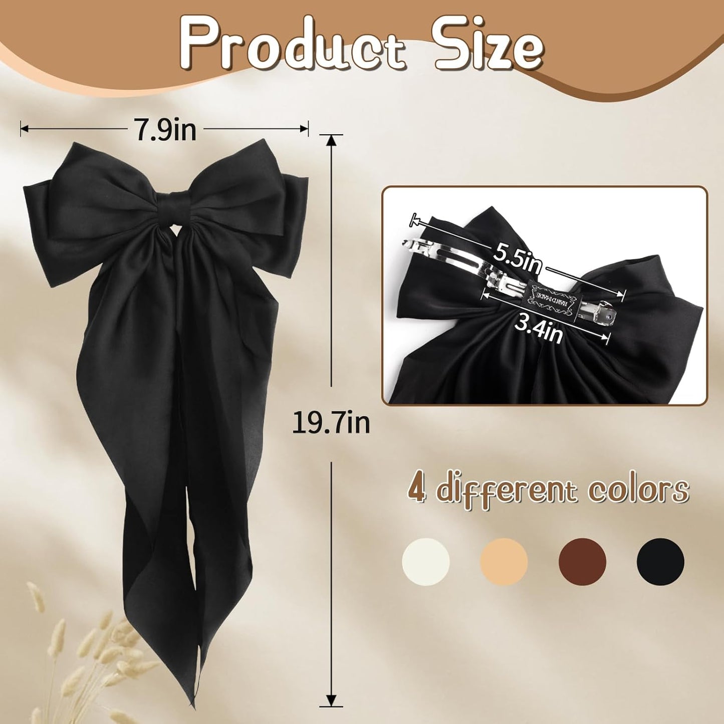 Silky Satin Hair Bows for Women Girls - 4PCS Ribbon Bows for Hair, Big Bow Hair Clips with Long Tail, Barrettes - Cute Hair Accessories Gifts (Black, Brown, Khaki, Beige)