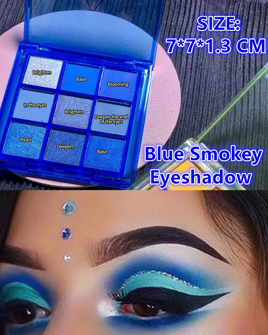 Go Ho 9 Style Blue Grey White Powder Makeup Eyeshadow Palette, Matte & Pearl Shimmer Design Waterproof Cool Blue Eye Eyeshadow Palette for Women & Girls