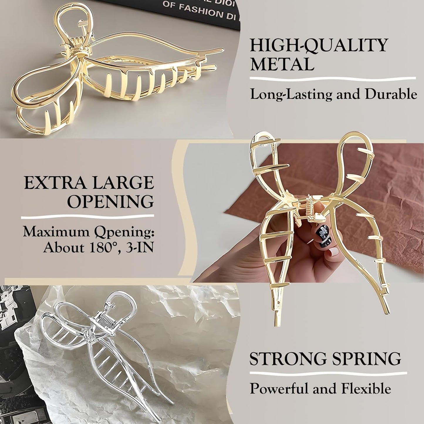 Metallic Bow Hair Clips (2 Pack), Medium Metal Hair Claws, Gold & Silver Alloy Elegant Hair Clamps Y2K Stylish Hair Accessories for Thick and Thin Hair