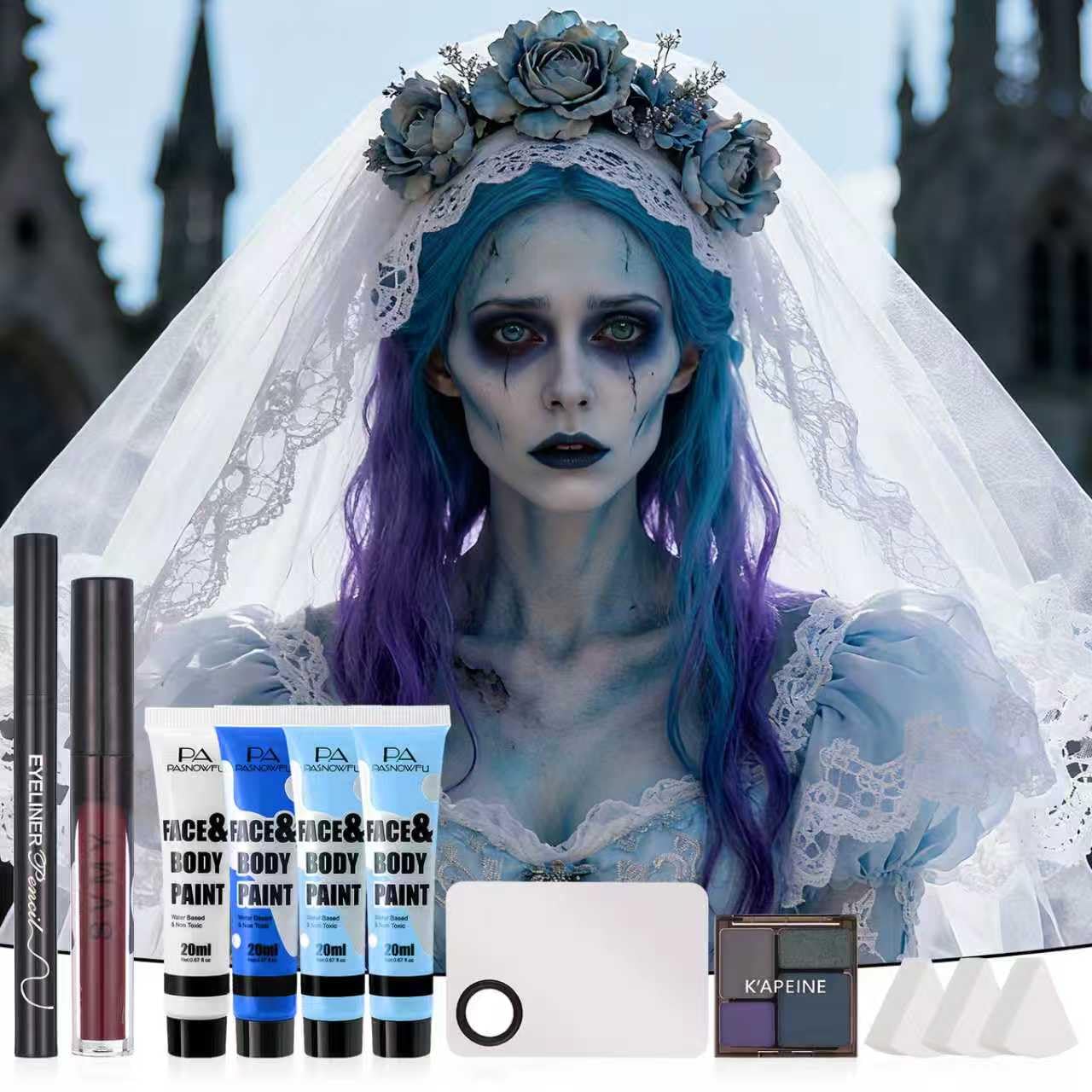 Halloween for Sally& Corpse Bride Makeup Kit, Water-Based Face Paint Set with Blue Face Paint Red Lip Gloss for Avatar Smurf Costume Cosplay, Halloween Cosplay SFX Makeup Set for Party