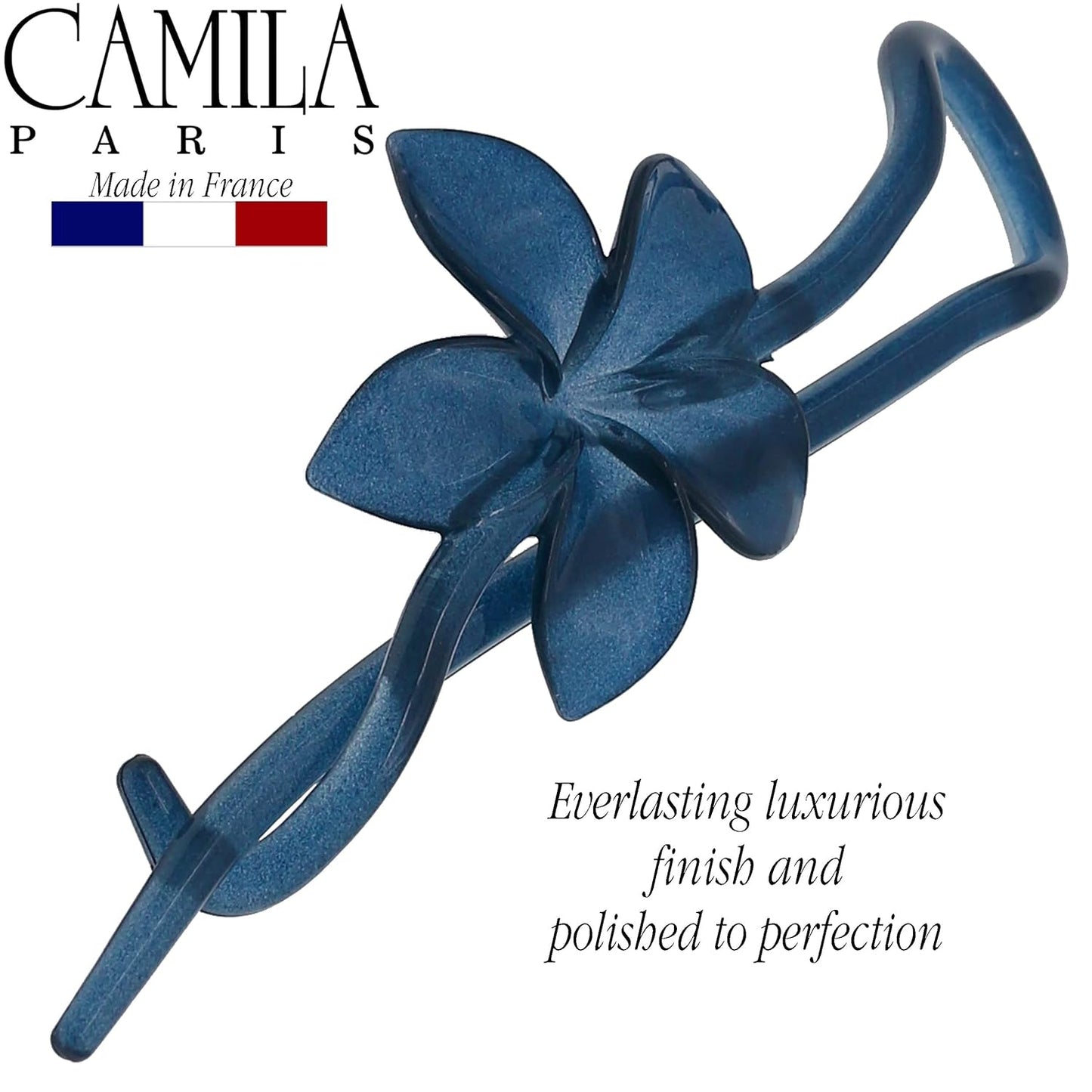 Camila Paris CP3194 French Hair Barrette Pin Clips for Girls, Flower, Blue, No Metal Parts, Strong Hold Grip Hair Clips for Women, No Slip and Durable Styling Girls Hair Accessories, Made in France
