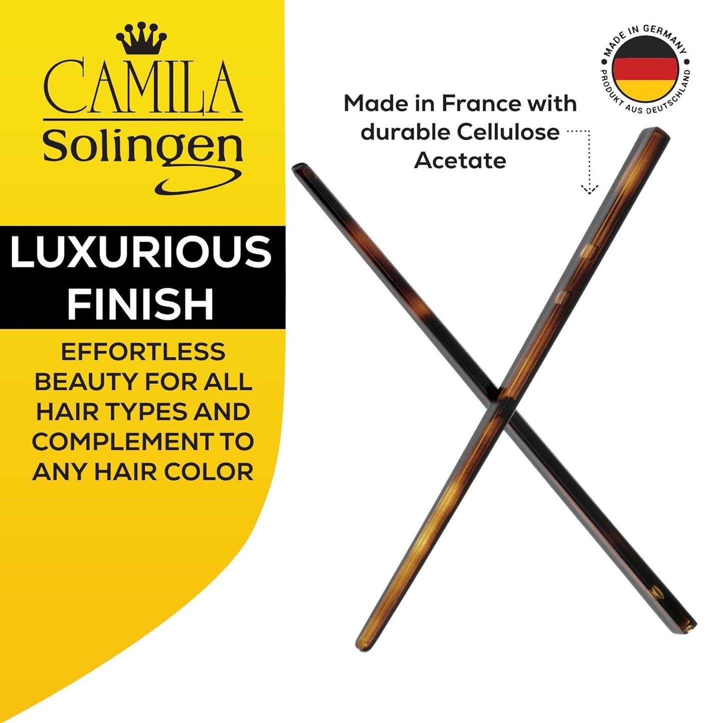 Camila Paris AD28/2 French Twist Stick Hair Pin, Set of 2 Tortoise Shell, Girls Chopsticks Hair Pins for Girls Spiral Updo Chignon Bun Holder, Styling Hair Accessories for Women, Made in France