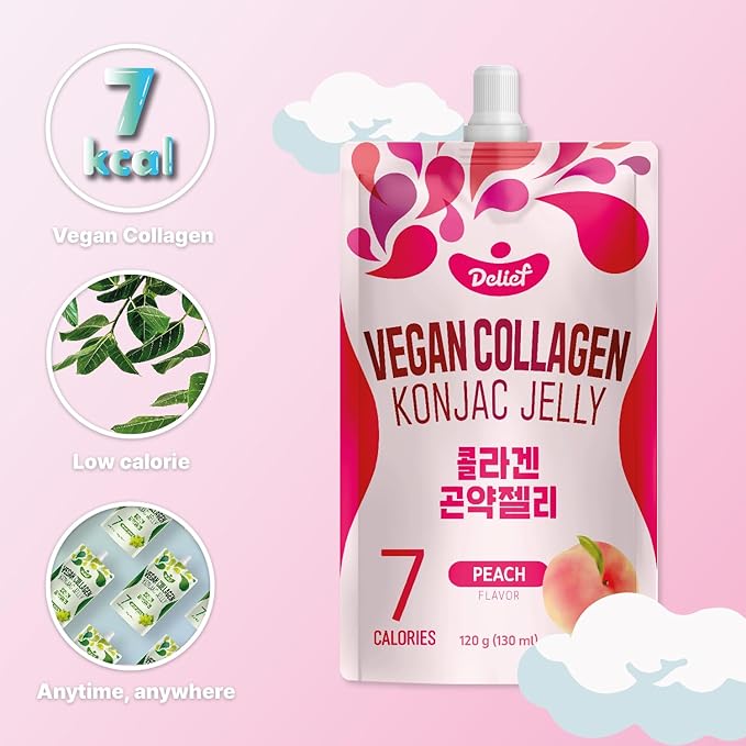 Vegan Collagen Konjac Jelly (Peach Flavor) 120g x 10 Packs – Low-Calorie Fruit Gel Snack, Gluten-Free, Plant-Based, 7 kcal per Pouch