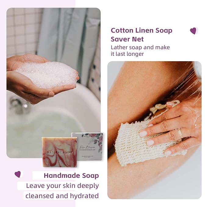Rose Bath Spa Gift for Women,Handmade Spa gift for her, 5pc Bath & Body Gift Including Soap Bar, Hand Cream, Bath Salt, Soap Saver, Bath Bomb,Self Care Package by Natural Amor