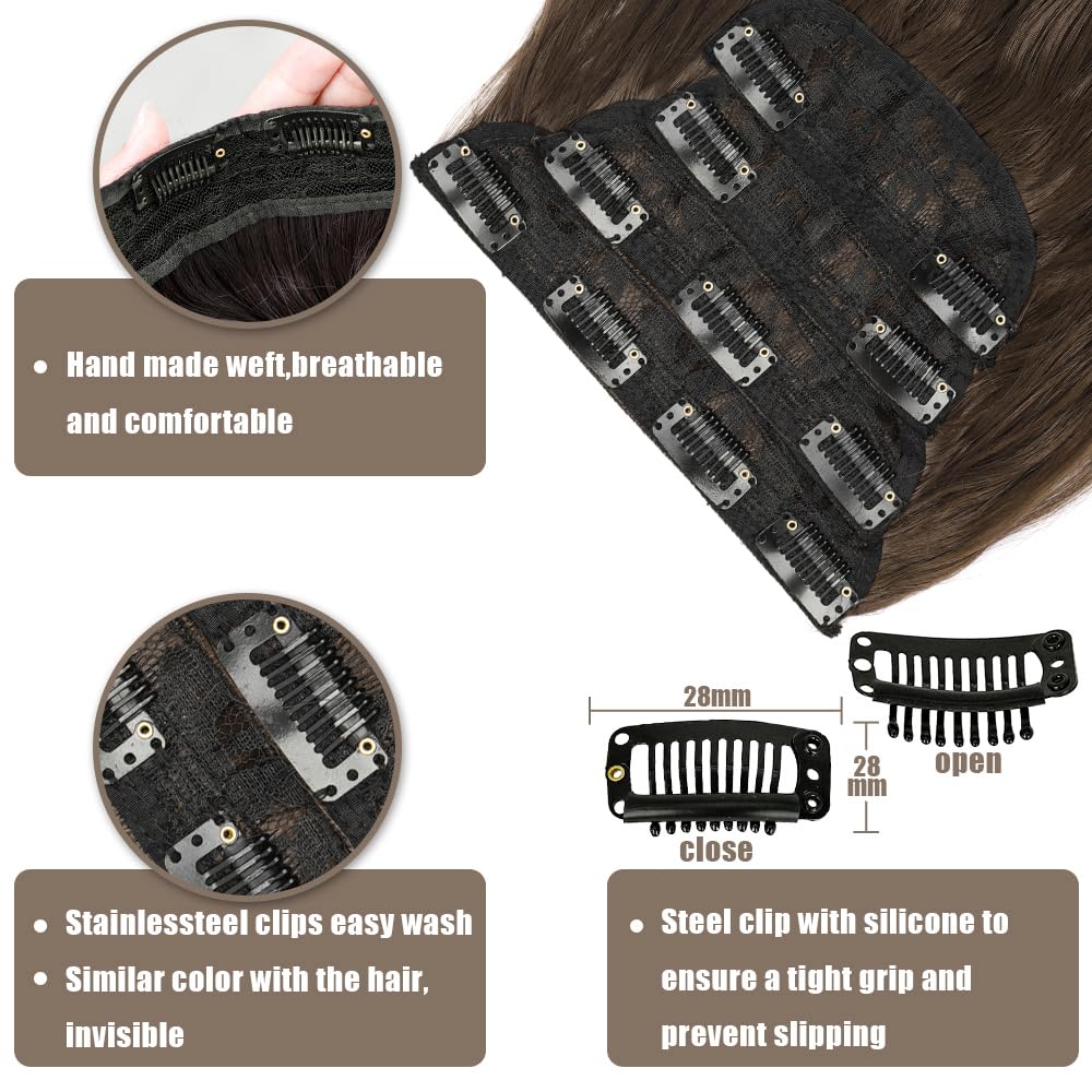 KooKaStyle Clip in Synthetic Hair Extensions Long Wavy 4PCS Thick Hairpieces Chestnut Brown Fiber Double Weft Natural Hair Extensions 16 Inch for Women