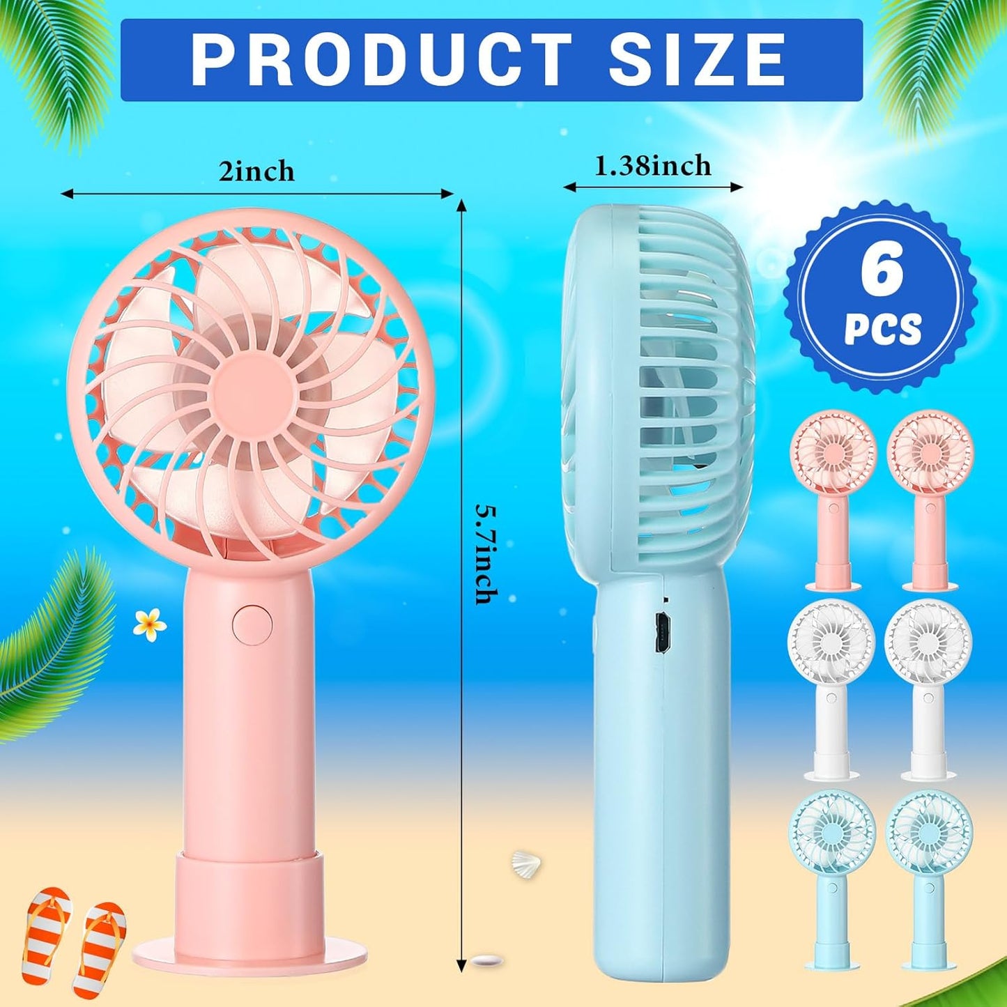 6 Pcs Mini Powerful Handheld Fan 3 Speed Personal Small Portable Rechargeable Fan with Base USB for Women Eyelash Makeup Office Travel Beach Indoor Outdoor (Mixed Colors)