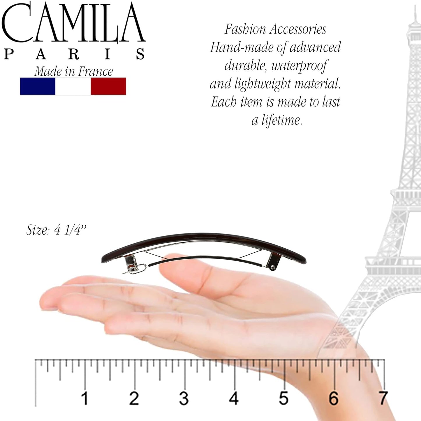 Camila Paris CP1475 French Hair Barrette Clip for Girls, Rubberized Automatic Clasp Strong Hold Grip Hair Clips for Women, No Slip and Durable Styling Girls Hair Accessories, Made in France