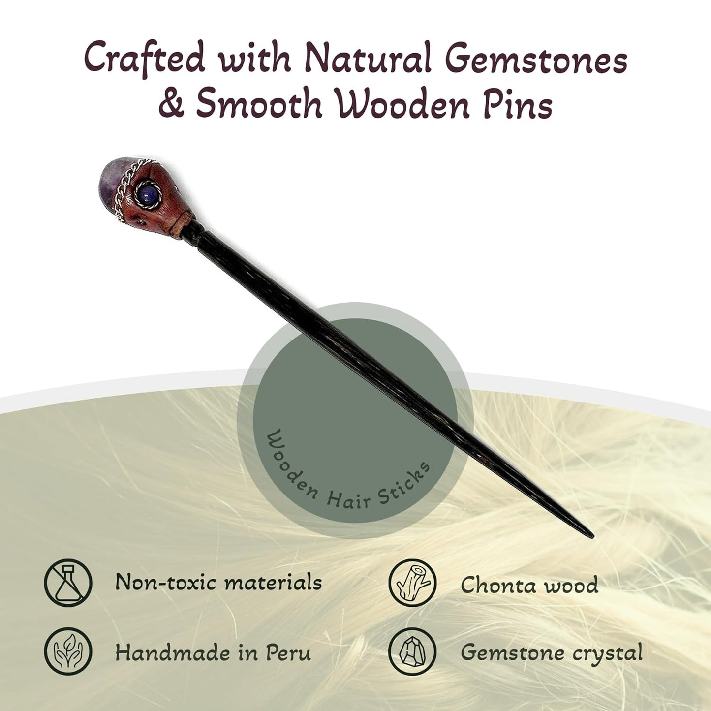 Mia Jewel Shop - Natural Tumbled Healing Gemstone Crystal Chonta Wooden Hair Sticks – Handmade Hair Sticks for Women | Hair Pins Boho Reiki Accessories, Fashion Gifts (Purple Amethyst)