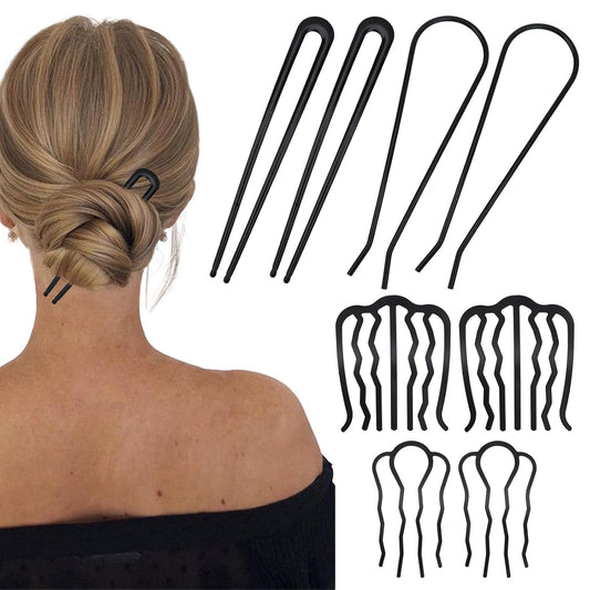 French Hair Pin, 8 PCS Black Hair Pins for Women Metal Hair Side Combs, French Pins Hair, U Shaped Hair Pins for Buns Updos, French Pins Hair Stick Pin Hair Combs for Styling Hairpin Hair Accessories