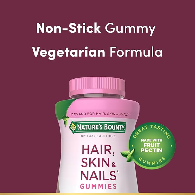 Nature's Bounty Optimal Solutions Hair, Skin and Nails Pectin Gummies, 2500 mcg Biotin Per Serving, No Stick Gummy, Vegetarian Formula, Strawberry Flavor, 200 count, 100 Total Servings