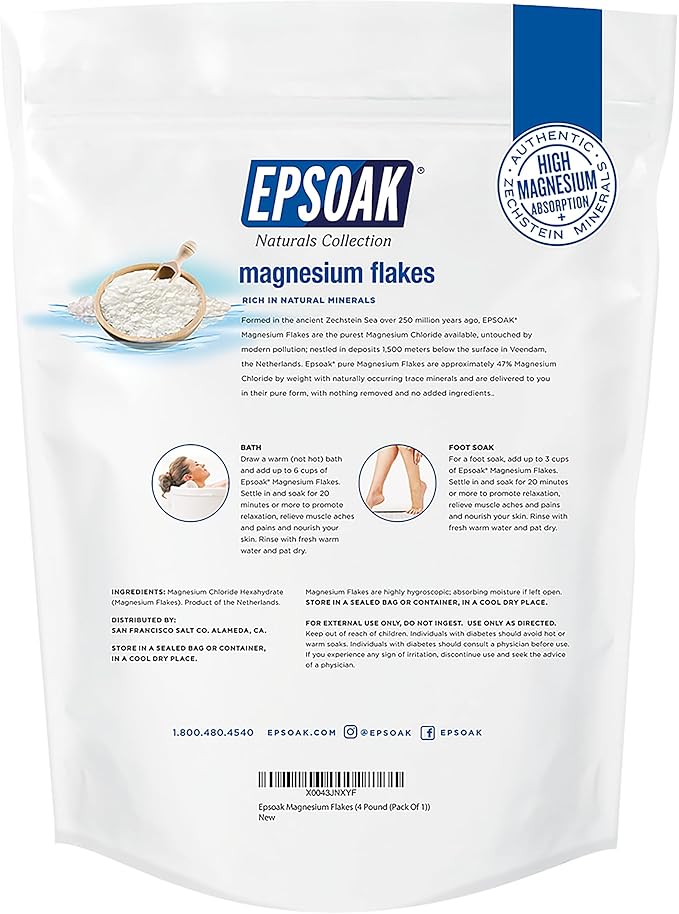 Epsoak Naturals Collection Magnesium Flakes for Foot Spa & Relaxing Bath, 4 lb, 100% Natural & Unscented Zechstein Magnesium Chloride