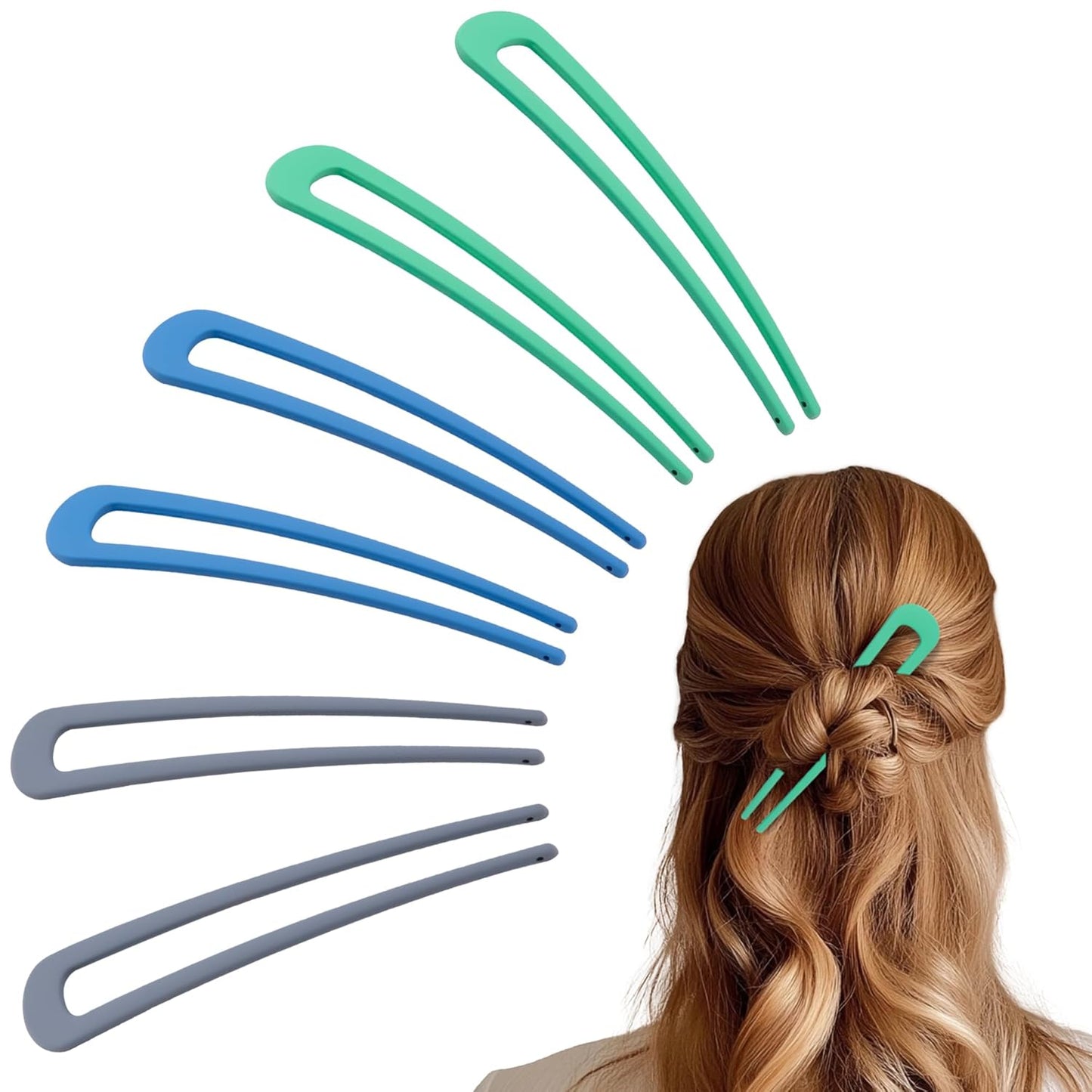 6Pcs Metal French Hair Pins for Women U Shape Sticks 3.9 Inch Vintage Fork for Hairstyle Accessories(Blue/Green/Grey）