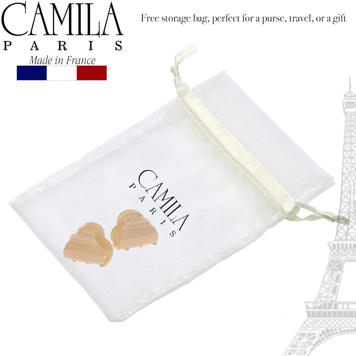 Camila Paris CP3480 French Hair Clip for Women, Set of 2 Small Beige Girls Hair Claw Clips Fashion Durable Hair Accessories for Women, Luxury Ladies Strong Hold No Slip Grip Clamp, Made in France