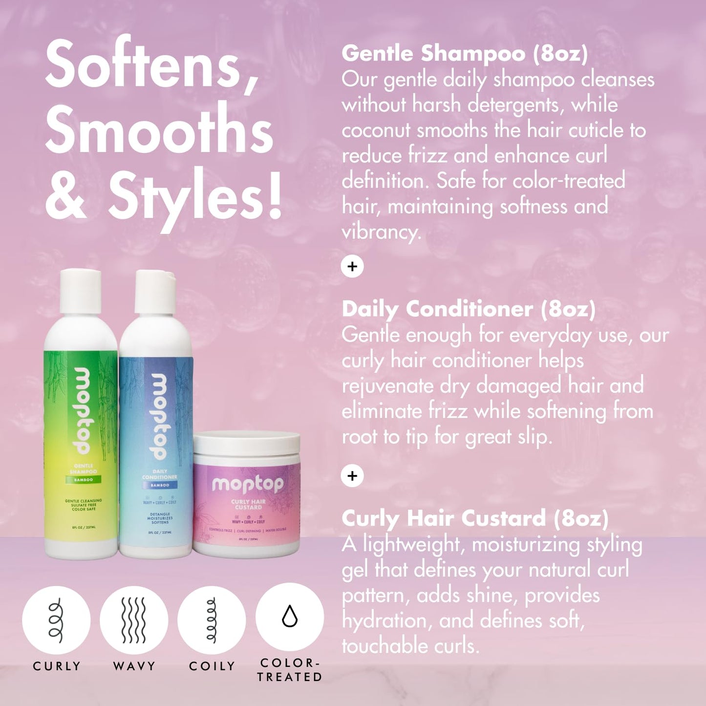 MopTop Curly Hair Routine, Gentle Shampoo + Daily Conditioner + Styling Gel for Wavy and Coily Tresses, Color Safe, Moisturizing Women's Hair Care