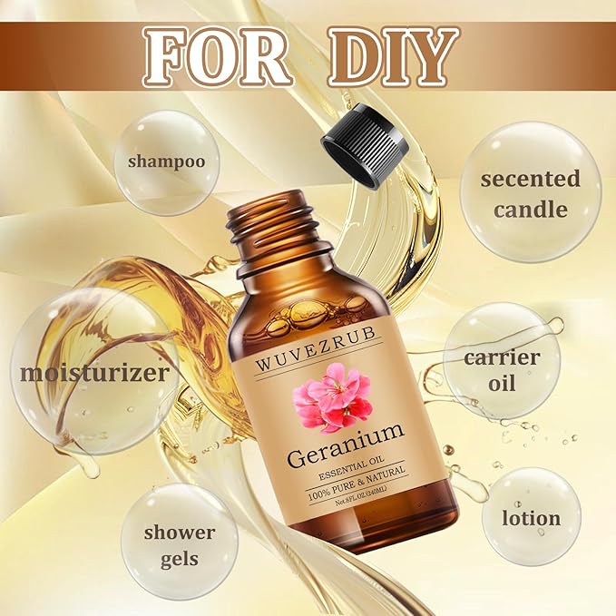 Geranium Essential Oils 240ML, Pure Geranium Essential Oil for Aromatherapy Diffuser - 8 Fl Oz
