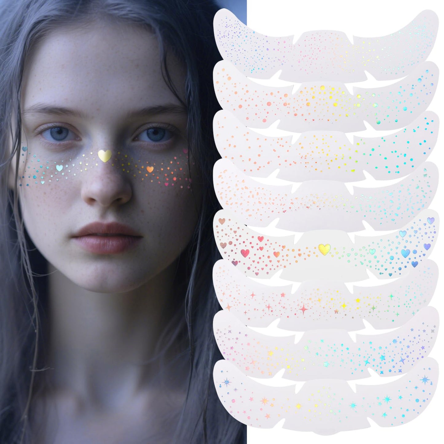 8 PCS Holographic Multicolor Glitter Freckles Face Tattoo, Makeup Patch, Faux Freckles Waterproof Temporary Tattoos Cute Glitter For Women and Kids Halloween Christmas (8PcsA Holographic Multicolor)