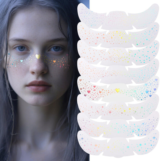 8 PCS Holographic Multicolor Glitter Freckles Face Tattoo, Makeup Patch, Faux Freckles Waterproof Temporary Tattoos Cute Glitter For Women and Kids Halloween Christmas (8PcsA Holographic Multicolor)