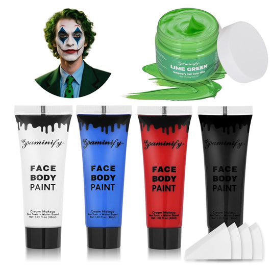 Halloween Joker Clown Makeup Kit,Red White Blue Black Face Body Paint+Lime Green Temporary Hair Wax+4 pcs sponge,Water-Based Face Painting for Clown Skull Devil Cosplay Costume SFX Makeup Set