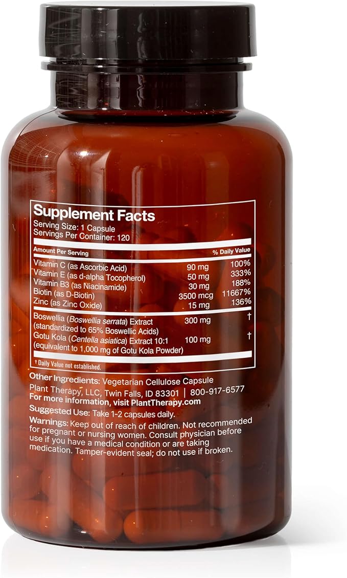 Plant Therapy 3-in-1 Herbal Supplement Capsules, Radiant Skin, Hair Growth, Strong Nails, Potent 3,500 mcg of Biotin, 120 Vegetarian Capsules (4 Month Supply), Made in The USA