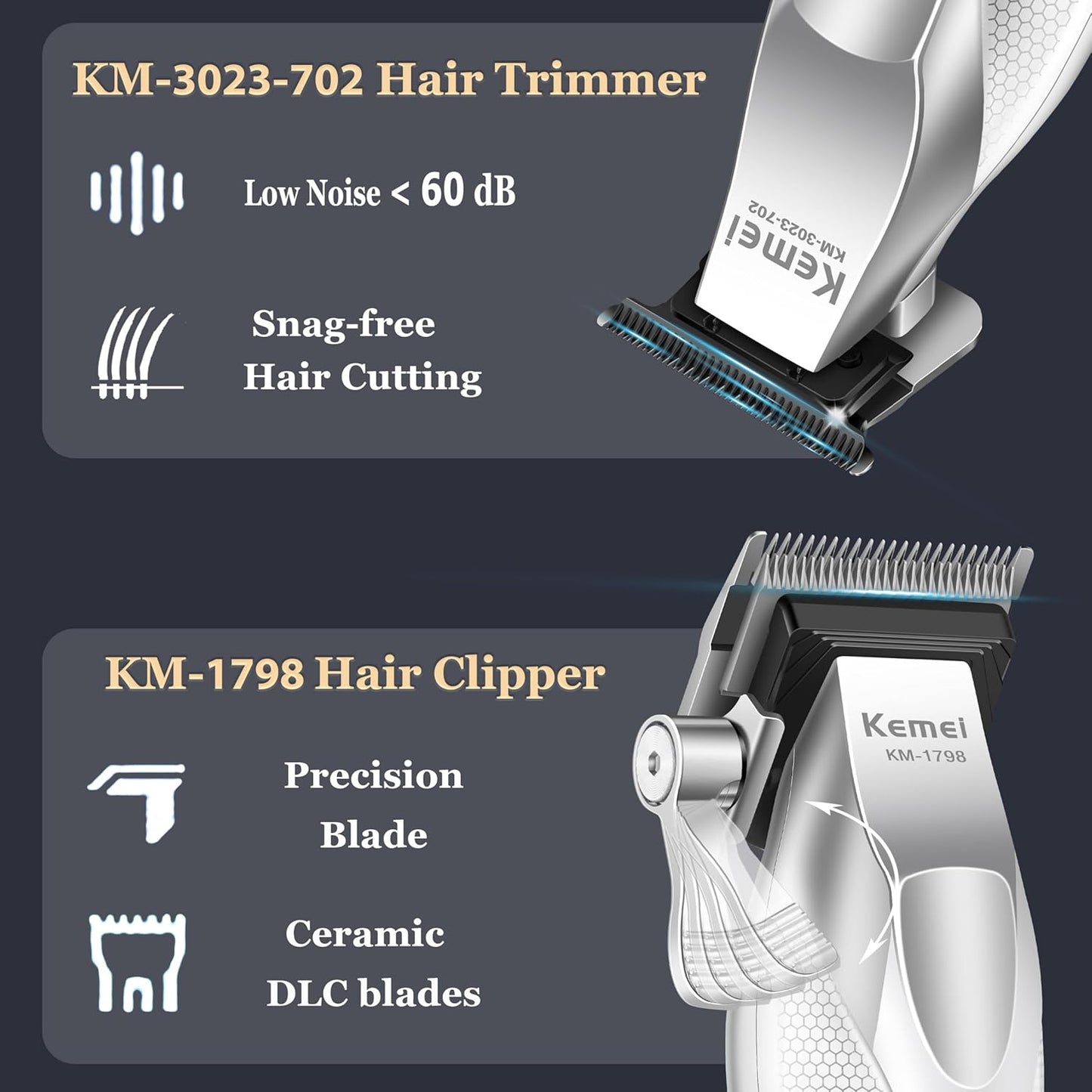 KEMEI Professional Hair Clippers for Men, Cordless Barber Clippers with Full Metal Body, DLC Blade Hair Trimmer with LED Display, KM-1798, KM-3023-702