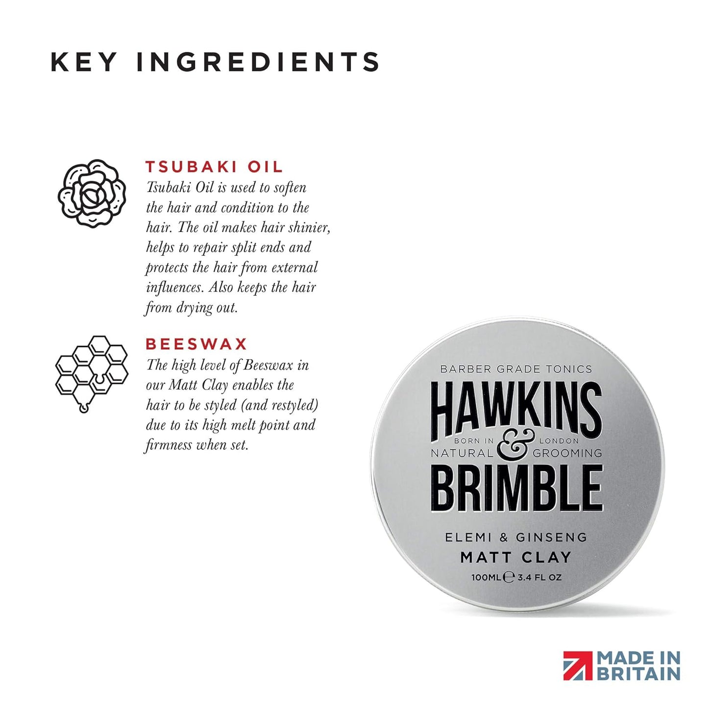 Hawkins & Brimble - Matt Clay Mens Hair Styling, 100ml - Non Greasy Matte Clay for Light, Medium and Strong Hold - Elemi and Ginseng Softens Repairs Allows for Restyling - Ideal for Dry and Damp Hair