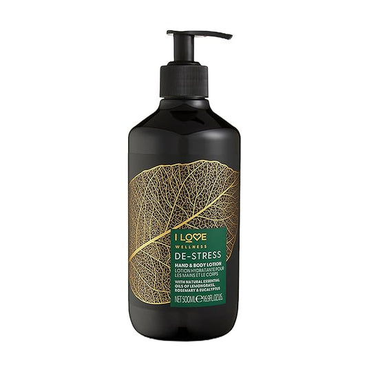 I Love Wellness De-Stress Hand and Body Lotion - Moisturizing Lotion for Dry Skin - Vitamin E Lotion - Lemongrass and Eucalyptus Scent - 16.9 oz