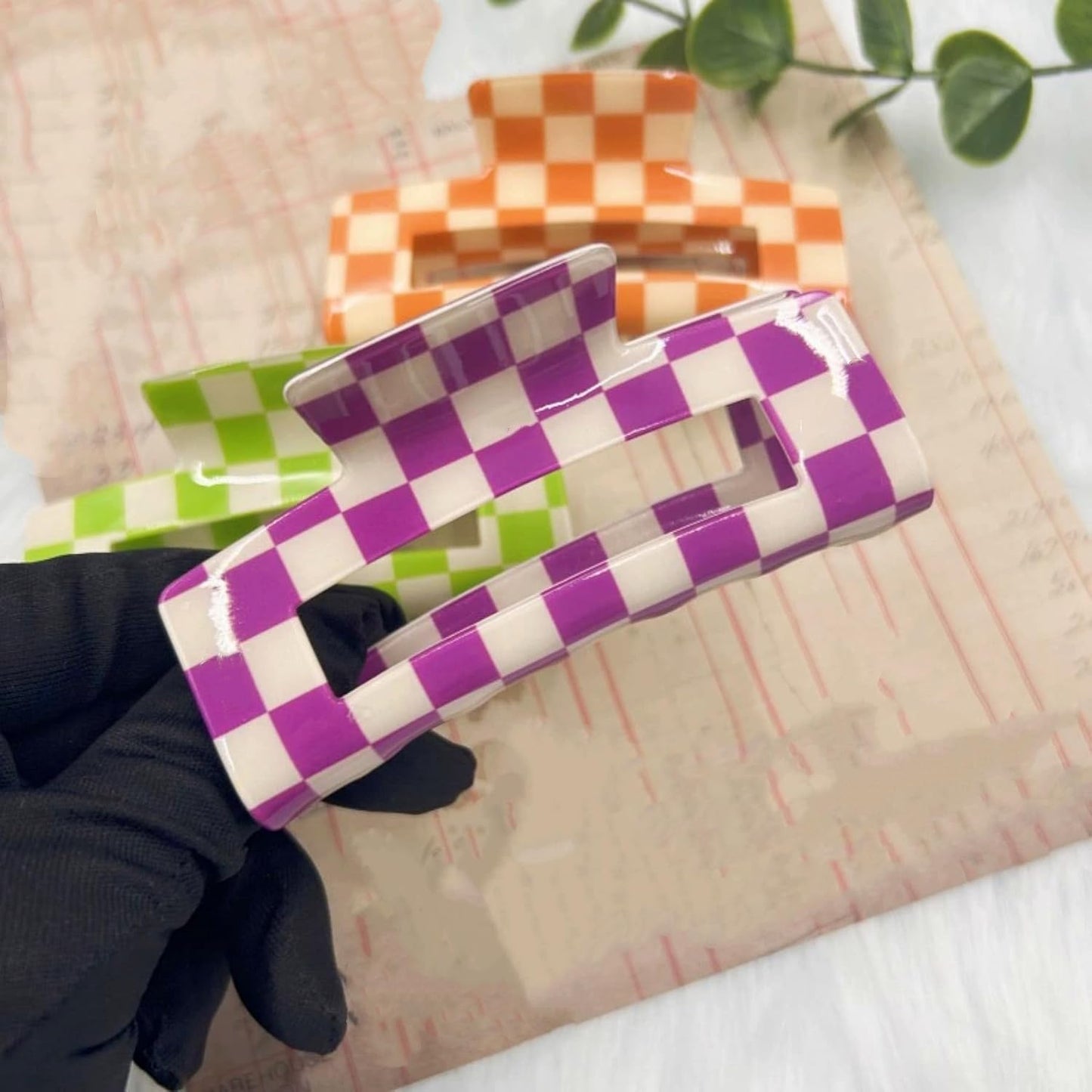 SINIDE Checkered Rectangle Hair Claw Clips, Large Acrylic Bright Multicolored Square Checker Barrettes for Thin Thick Hair Cute Non Slip Jaw Clips Strong Hold Claw Clamps for Women Ladies (4 Pack)