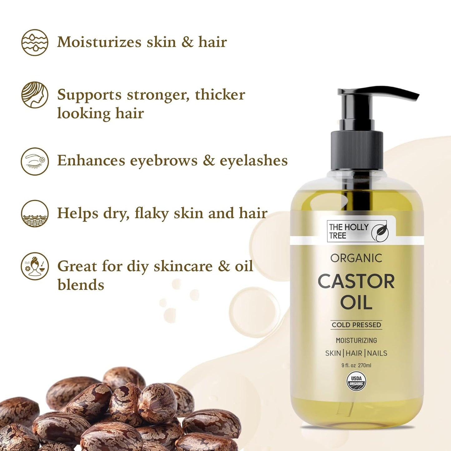 Organic Castor Oil - Cold Pressed 9 fl oz - 100% Pure & Hexane Free - Castor Oil for Hair Growth - Moisturizing & Nourishing - for Face & Body
