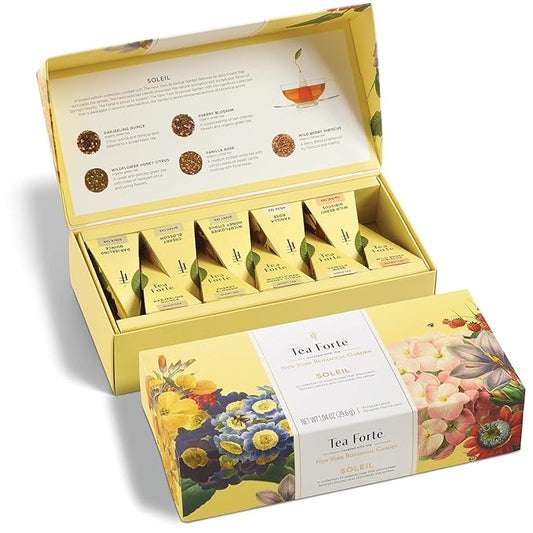 Tea Forte Soleil Petite Presentation Box Tea Gift Set Sampler, 10 Count, 2 of Each Variety Individually Wrapped Handcrafted Pyramid Infuser Bags