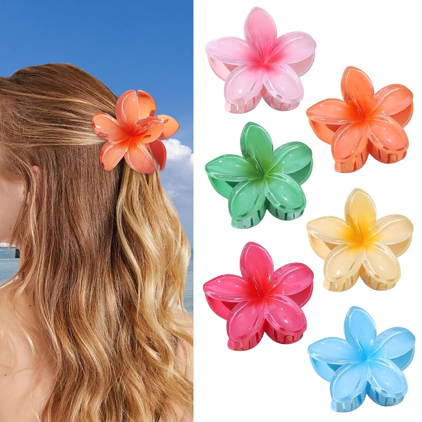 Flower Hair Clips 6 PCS Hawaiian Claw Clips for Vacation Hibiscus Hair Claw Clips Cute Large Hair Clips for Thick and Thin Hair Plumeria Hair Accessories for Women Girls - Blossom