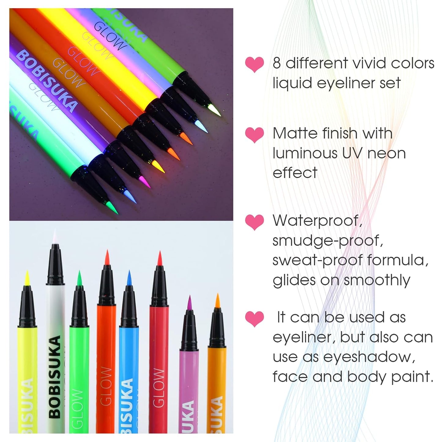 BOBISUKA 8 Colors UV Neon Liquid Eyeliner Set, Matte Colored Eyeliners Pen, Colorful Waterproof Smudge-proof Pigmented Graphic Liners, Delineadores de Colores Para Ojos Eye Makeup Gift Kit