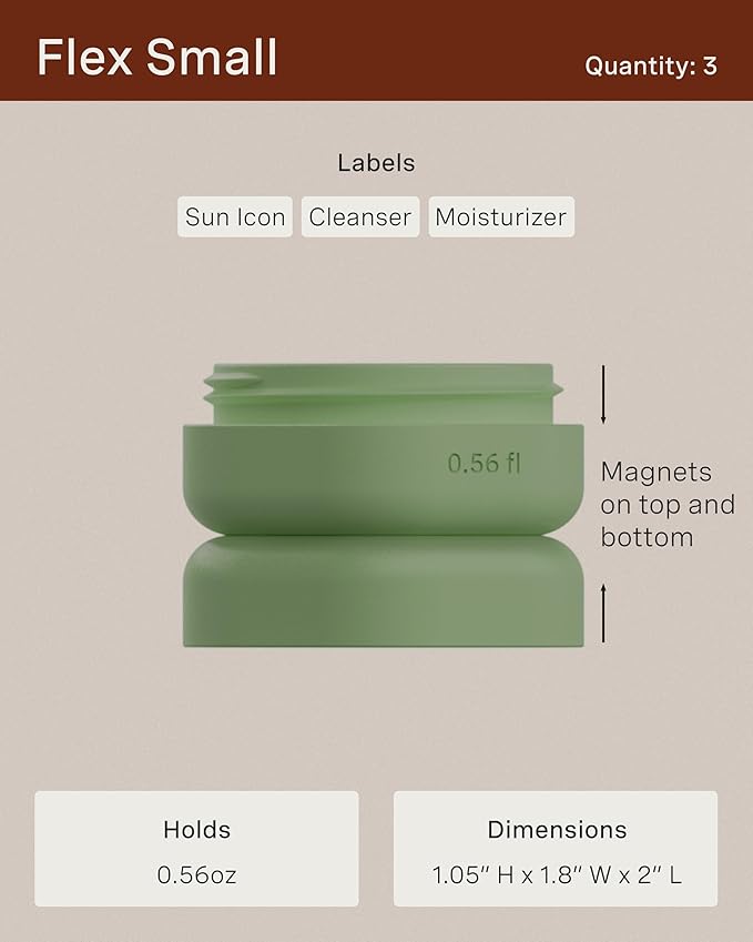 Cadence Travel Containers - Basic Skincare Set - Magnetic Travel Capsules - Facial Cleanser, Moisturizer, Sunscreen - 3 Small Capsules (0.56oz) with Cleanser, Moisturizer & Sun-Icon Label - Evergreen