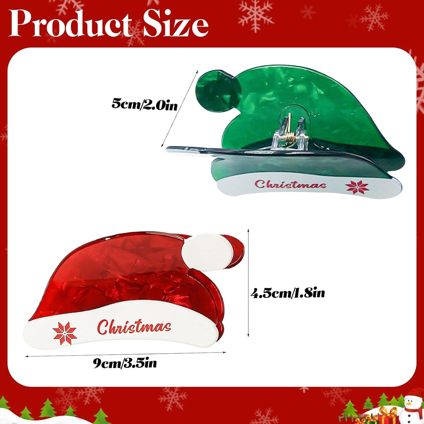 2 Pack Christmas Hair Clips, Christmas Hat Clip for Hair, Christmas Themed Hair Claw for Women, Holiday Claw Clips, Christmas Hair Accessories for Thin Medium Hair, Christmas Claw Clips (Green Red)