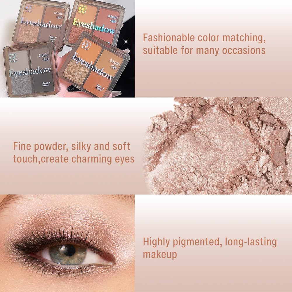 Eyeshadow Quads Blendable Glitter Matte Eyeshadow Palette, Orange Khaki Nude Champagne Gold Sparkly Four Eyeshadow Palette Makeup,Everyday Nature Long-Lasting Waterproof Women Girls Eye Shadow 3#