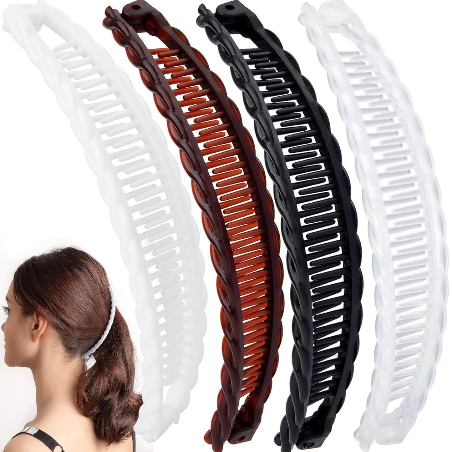4pcs Banana Hair Clips for Women, Non-Slip Hair Claws with Double Combs, Vintage Hairpin Thick Long Curly Hair Styling Accessories for Daily, Party - Black, Brown, White, Clear (Wavy Edge)