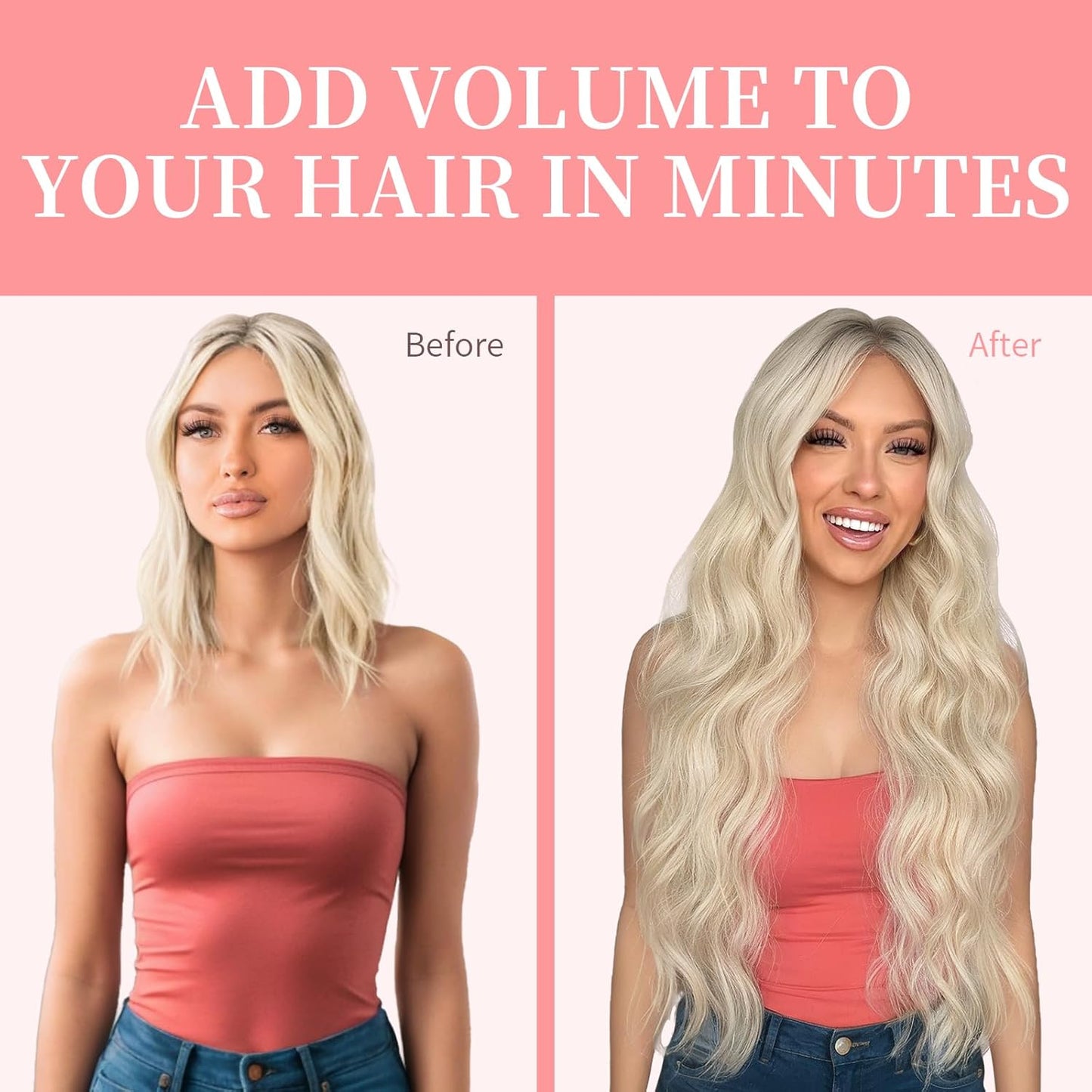 KooKaStyle Clip in Synthetic Hair Extensions Long Wavy 4PCS Thick Hairpieces Platinum Blonde Fiber Double Weft Natural Hair Extensions 24 Inch for Women