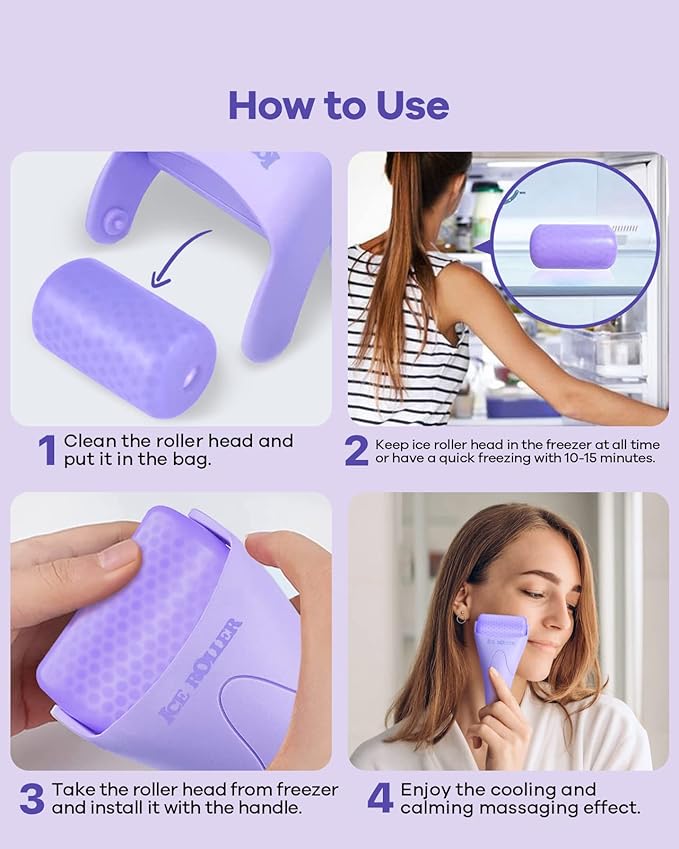 BearKig Ice Roller, Ice Roller for Face, Ice Face Roller, Cold Facial Ice Roller Massager for Eye Puffiness, Women's Gifts, Migraine, TMJ Pain Relief & Minor Injuries, Skin Care Products (Purple)