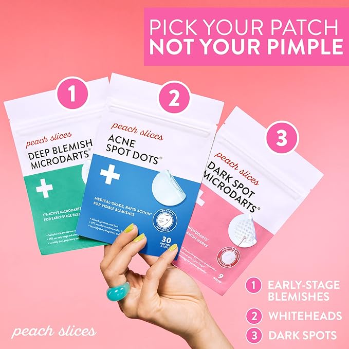 Peach Slices | Acne Spot Dots | Hydrocolloid Acne Patches | For Zits, Blemishes, & Breakouts | Vegan | Cruelty-Free | Pimple Patches | Facial Skin Care Products | 3 Sizes (7mm, 10mm, & 12mm) | 30 Ct