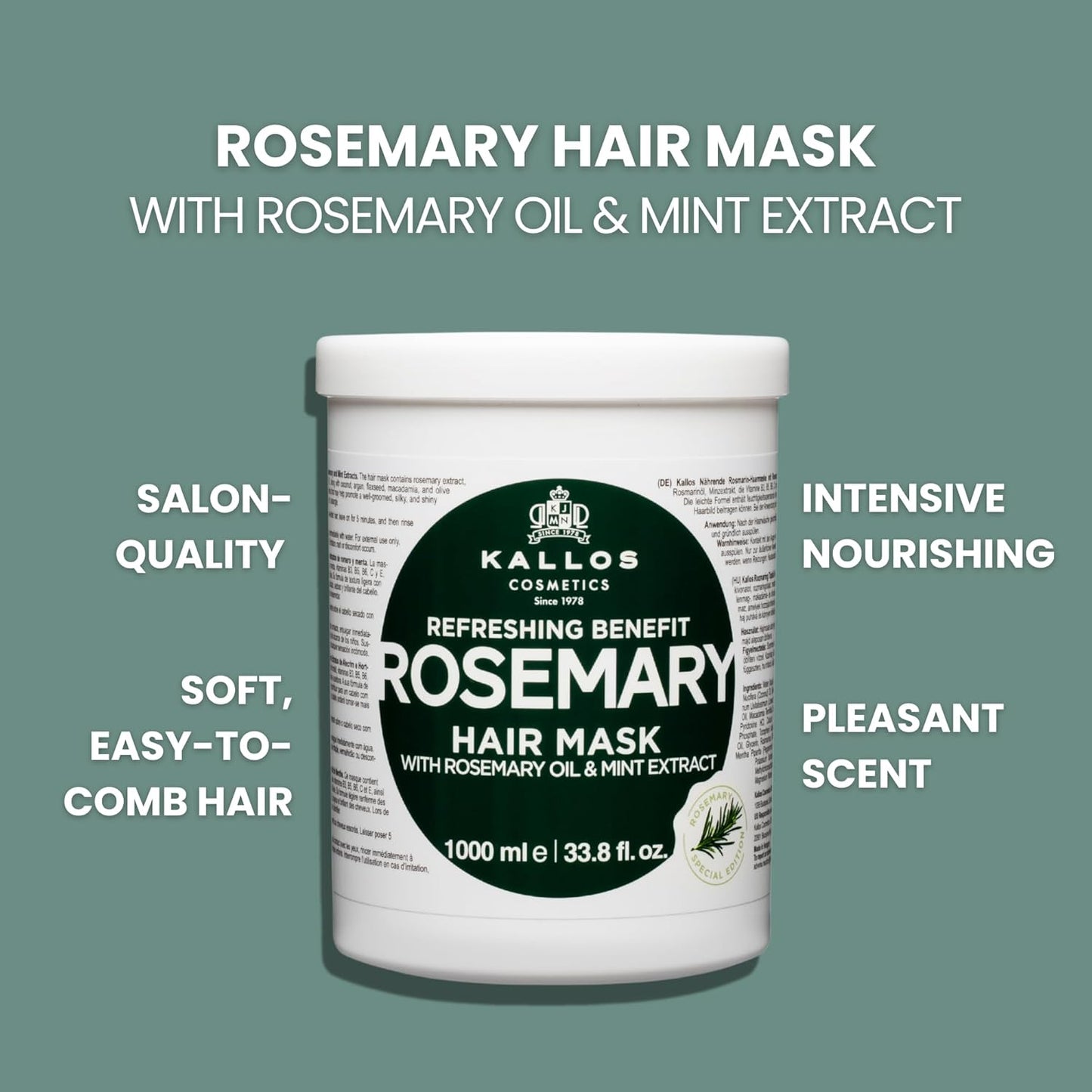 Kallos KJMN Rosemary Hair Mask with Rosemary, Mint & Natural Oils 1000 ml – 33.81 Fl Oz