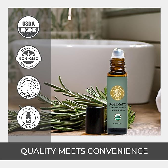 Silk Road Organic Rosemary Essential Oil & Jojoba Roll On, 100% Pure USDA Certified Aromatherapy to Improve Memory & Focus & Hair Health - 10 ml Roller