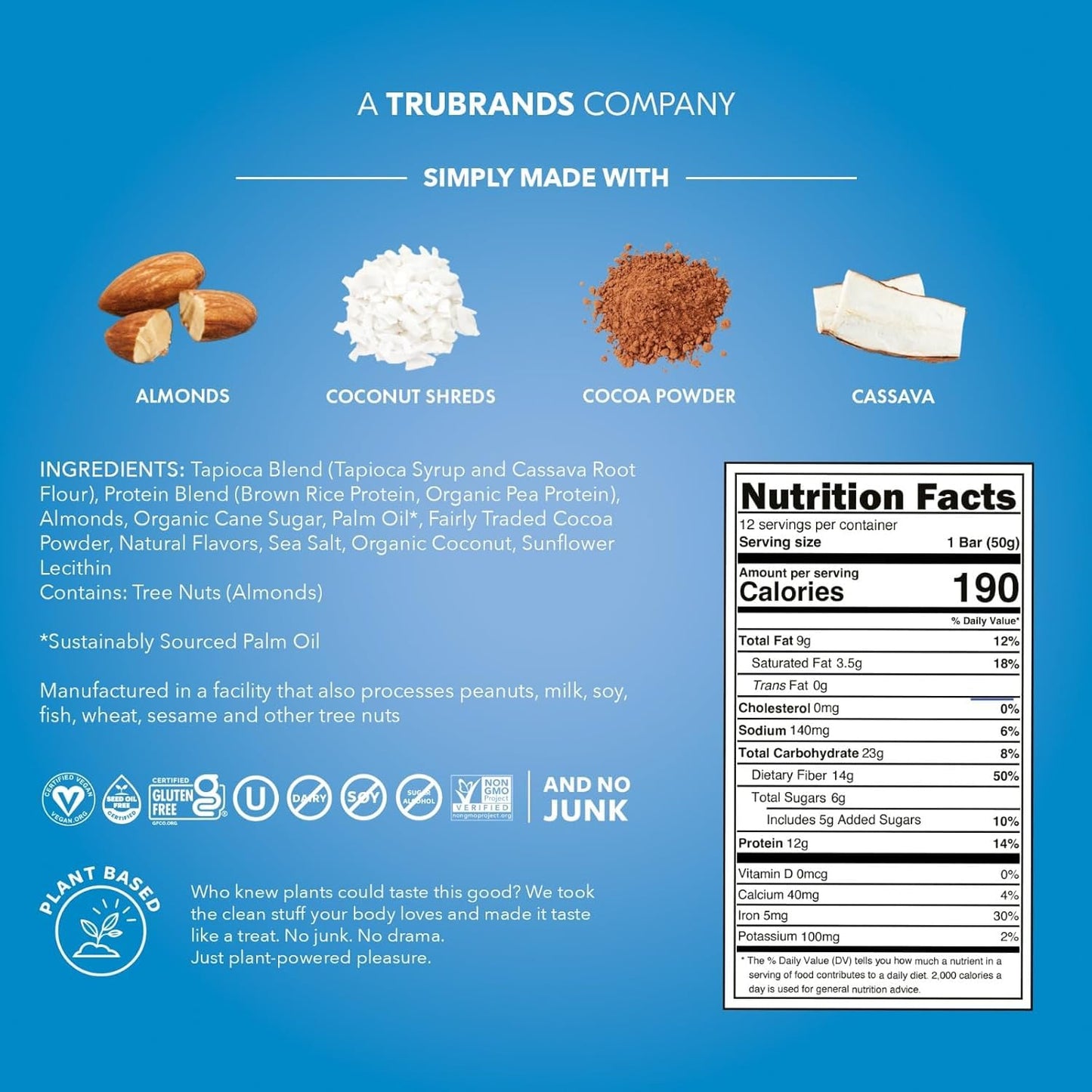 TRUBAR Vegan Protein Bar, Cocoa For Coconuts, Gluten Free, Plant Based Protein, Dairy Free, Non GMO, Soy Free, No Sugar Alcohols, 12G Protein, 12G Fiber, 23G Carb, On the Go Snack Bars, 12ct