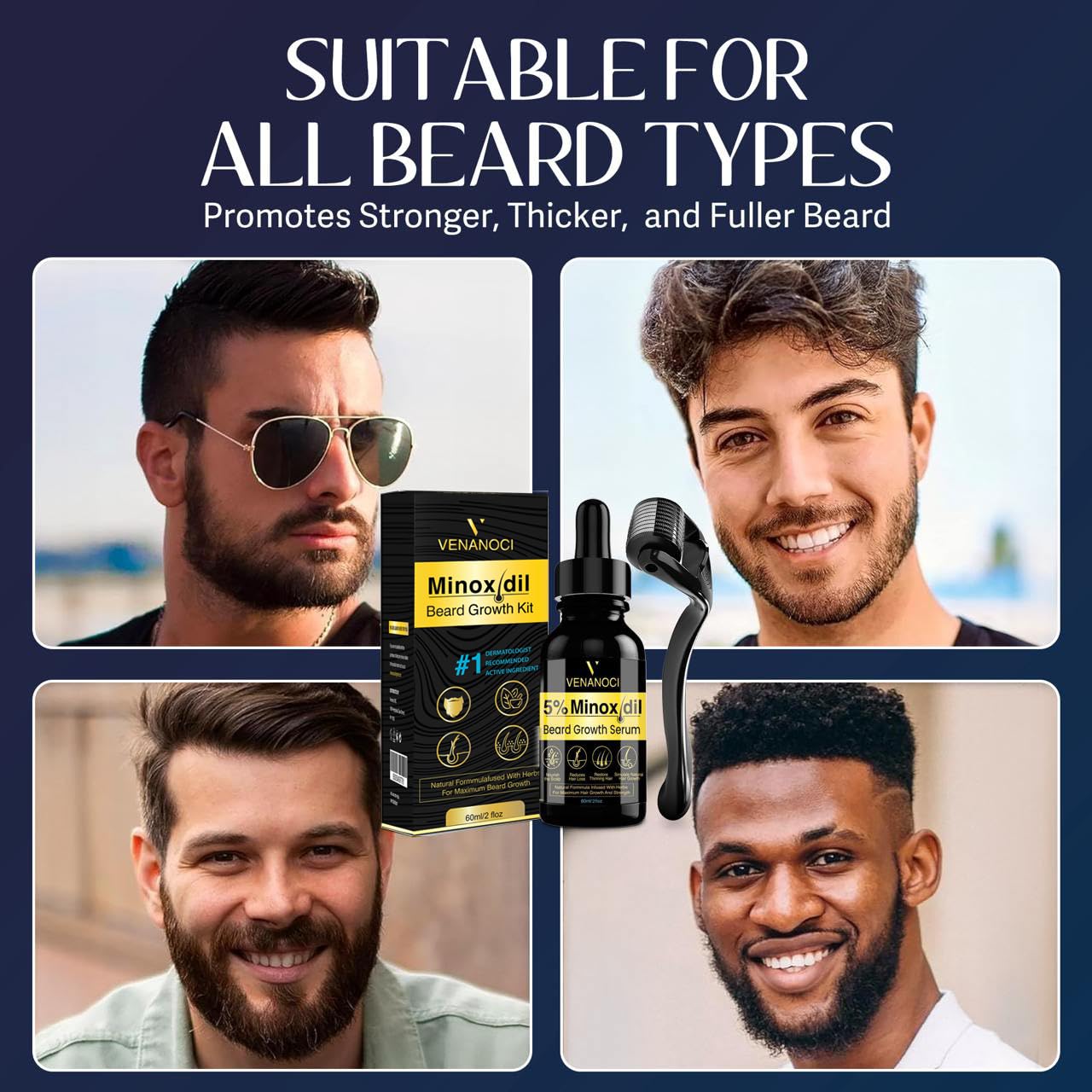 5% Minoxidil for Men Beard Growth Kit: Venanoci Hair Regrowth Oil with Biotin & Rosemary – Thicker, Fuller Beard & Hair – Stop Hair Loss & Thinning – Hair Growth Serum Treatment