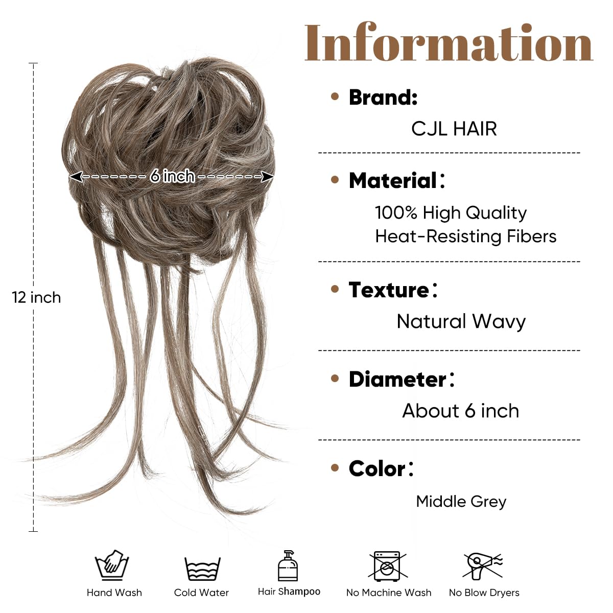 CJL HAIR Messy Bun Hair Piece Curly Hair Bun Extensions with Straight Tails Synthetic Hair Scrunchies Ponytail Hairpieces for Women Middle Grey