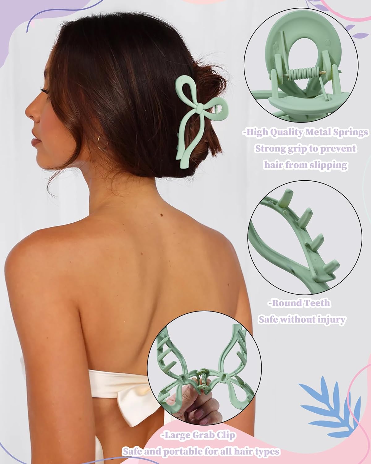 4 PCS Bow Hair Clips Bow Claw Clip for Women Nonslip Large Hair Claw Clips for Thin and Thick Hair Strong Hold Hair Bows (Pink+Green+Purple+Blue)