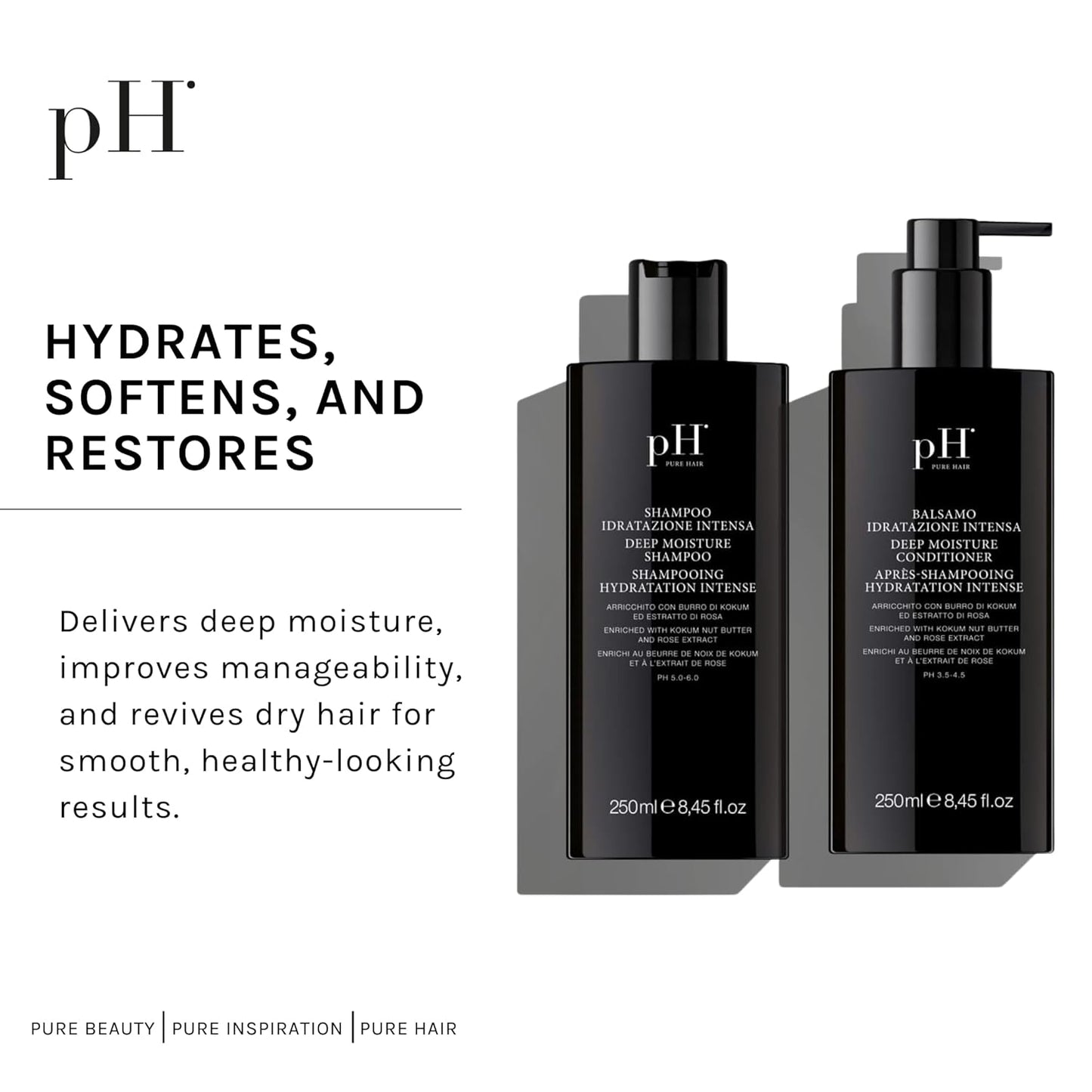 pH PURE HAIR Deep Moisture Shampoo & Conditioner Set - Moisturizing Formula For Dry Damaged Hair - Enriched with Kokum Nut Butter and Rose Extract - 8.45 Oz (Pack of 2)